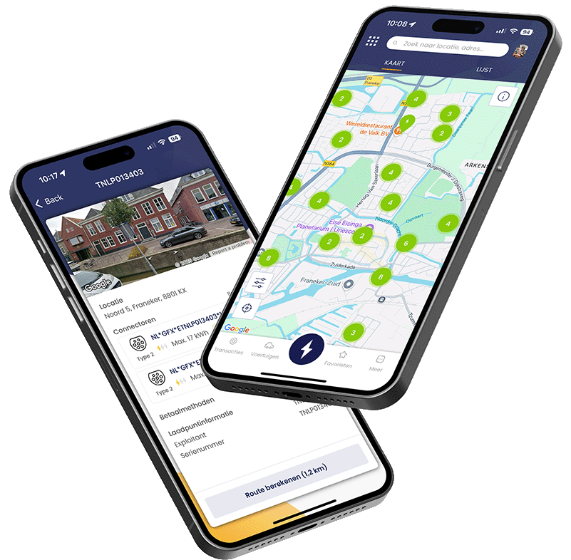 Twee smartphones die de laadapp laten zien