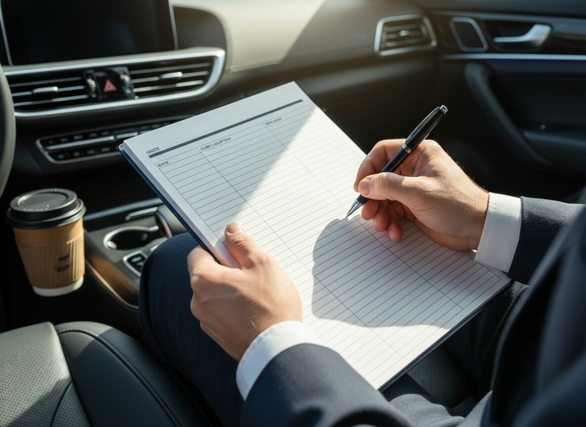 Bestuurder noteert zijn ritten met pen en papier in de auto