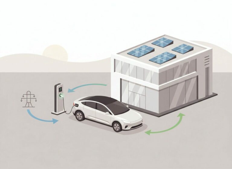 Illustratie van bidirectioneel laden waarbij een elektrische bedrijfsauto energie opslaat en teruglevert aan een gebouw, als onderdeel van slim zakelijk energiemanagement.