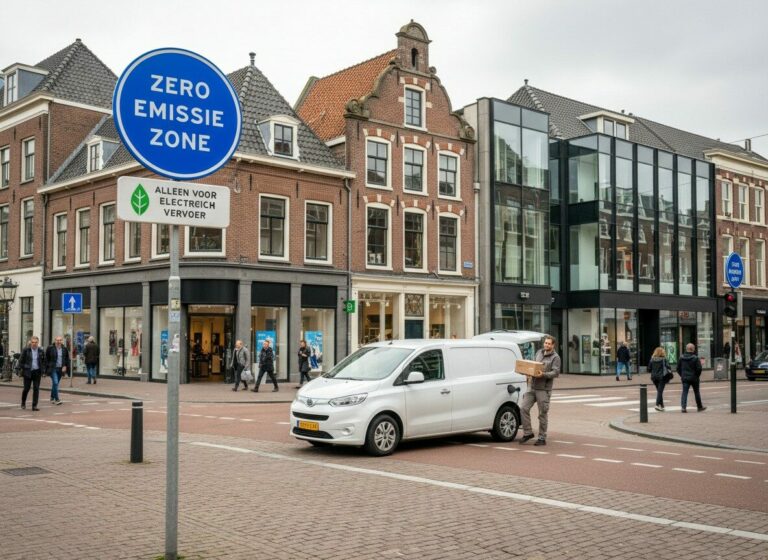 Elektrische bestelwagen in een Nederlandse binnenstad met bord voor zero emissie zone in 2026