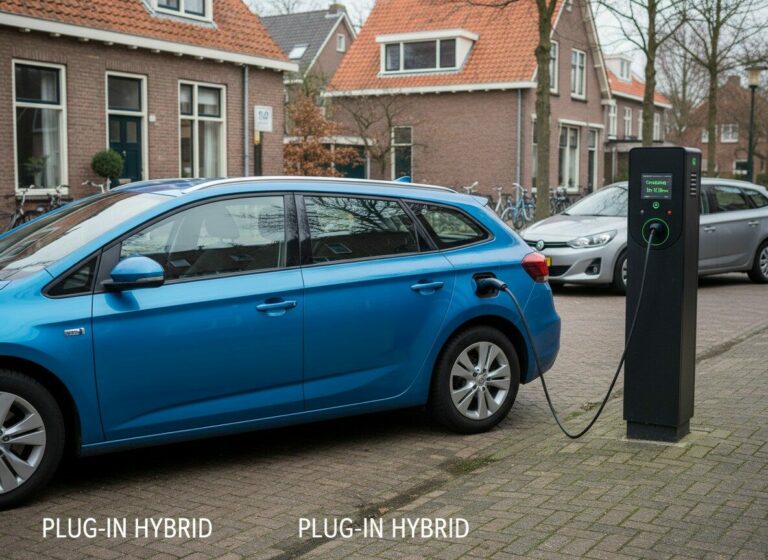 Hybride en plug-in hybride auto naast elkaar, waarvan één aan een laadpaal oplaadt
