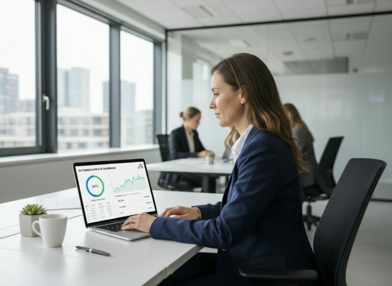 Financieel manager bekijkt digitaal dashboard voor rittenregistratie verwerken in je boekhouding op laptop in moderne kantooromgeving