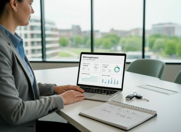 Zakelijke medewerker bekijkt digitaal dashboard met rittenregistratie en kostenoverzicht op laptop in moderne kantooromgeving.