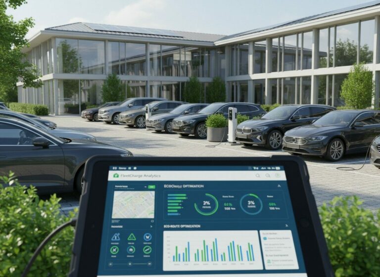 Overzicht van een duurzaam wagenpark met elektrische bedrijfsauto’s aan laadpalen en realtime fleetmanagement dashboard.
