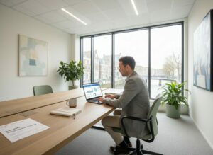 Financieel manager bekijkt mobiliteitskosten en belastingoverzicht op laptop in kantooromgeving vanwege nieuwe fiscale regels in 2027.