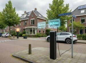 Elektrische auto laadt aan een openbare laadpaal in een Nederlandse woonwijk, met meerdere laadpunten en visuele prijsverschillen per kWh die de uiteenlopende gemeentelijke tarieven illustreren.
