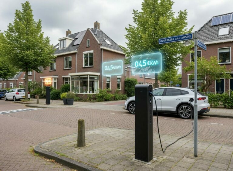 Elektrische auto laadt aan een openbare laadpaal in een Nederlandse woonwijk, met meerdere laadpunten en visuele prijsverschillen per kWh die de uiteenlopende gemeentelijke tarieven illustreren.