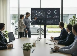 Zakelijke meeting waarin mobiliteitsdata en CO2-reductie van een wagenpark worden geanalyseerd, met een elektrische auto die buiten wordt opgeladen.