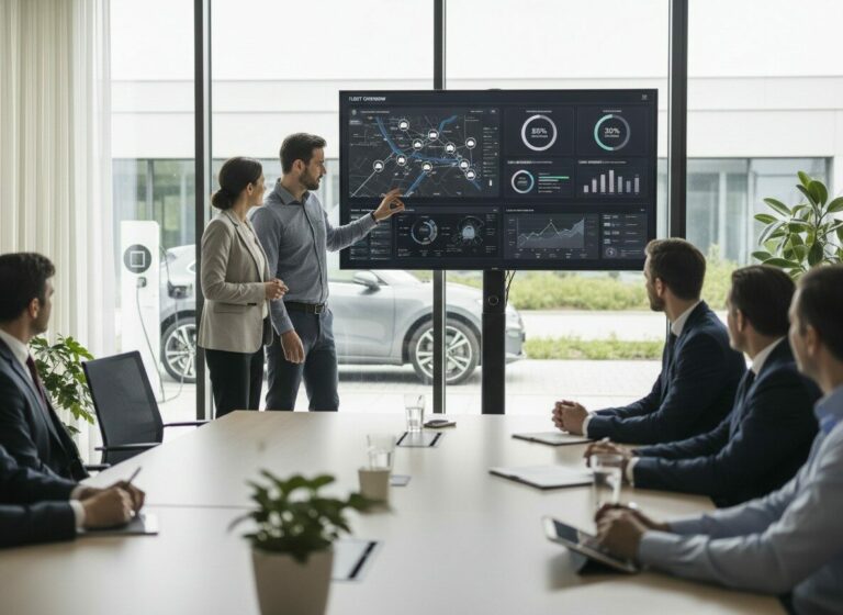 Zakelijke meeting waarin mobiliteitsdata en CO2-reductie van een wagenpark worden geanalyseerd, met een elektrische auto die buiten wordt opgeladen.