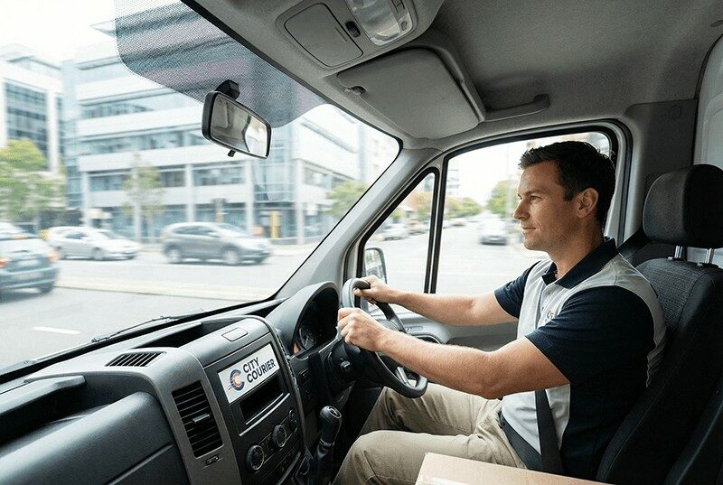 Een koerier rijdt met zijn bestelbus door de stad