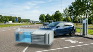 Elektrische auto aan een laadpaal met een eenvoudige overlay die het verschil laat zien tussen een huidige EV-accu en een solid-state batterij.