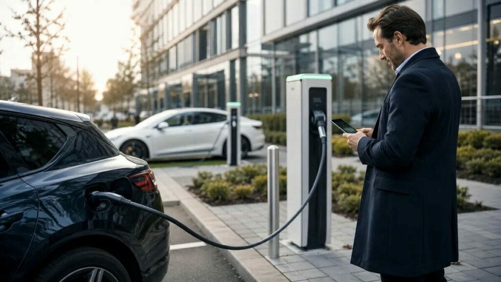 Man staat naast laadpaal met telefoon