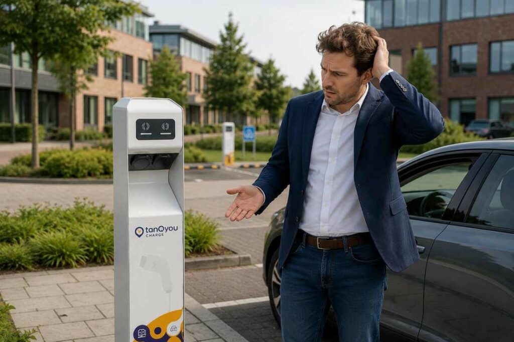 Man kijkt verward naar een TanQyou laadpaal
