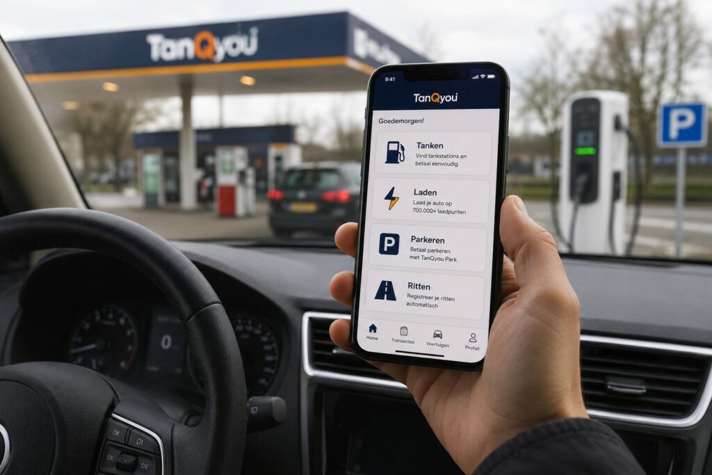 App op telefoon met TanQyou tankstation op de achtergrond