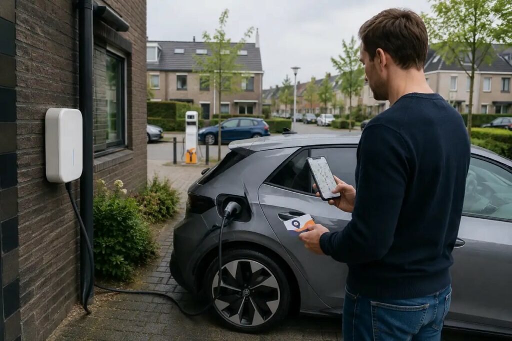 Man staat bij laadpaal thuis