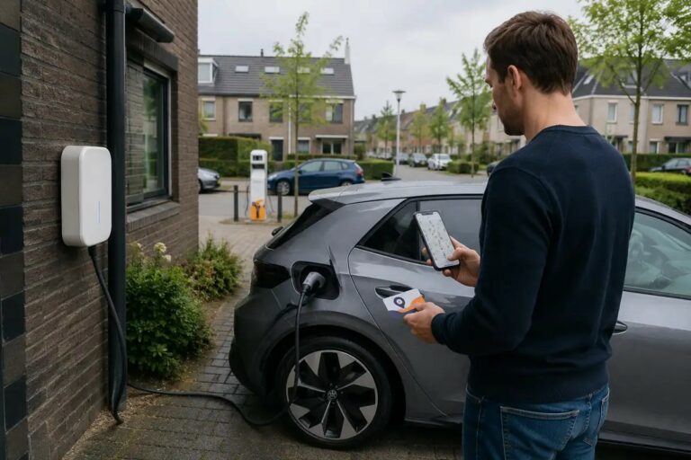 Man staat bij laadpaal thuis