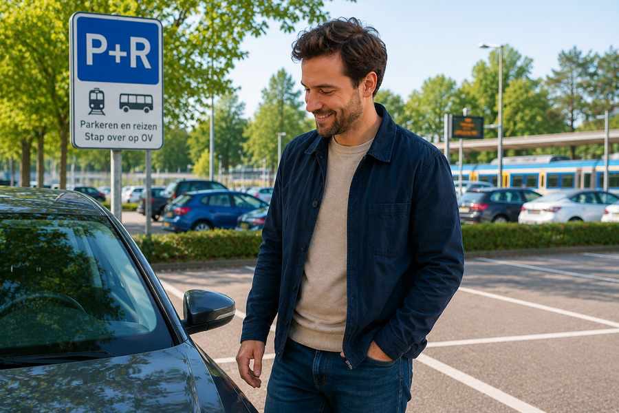 Man staat naast geparkeerde auto