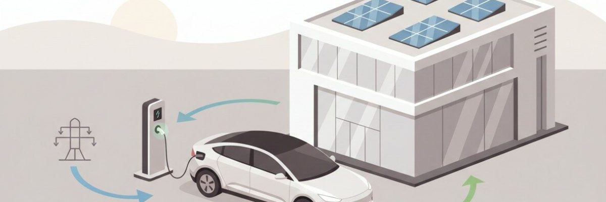 Illustratie van bidirectioneel laden waarbij een elektrische bedrijfsauto energie opslaat en teruglevert aan een gebouw, als onderdeel van slim zakelijk energiemanagement.