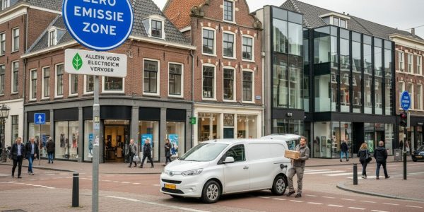 Elektrische bestelwagen in een Nederlandse binnenstad met bord voor zero emissie zone in 2026
