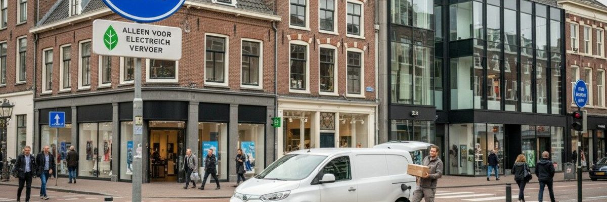 Elektrische bestelwagen in een Nederlandse binnenstad met bord voor zero emissie zone in 2026
