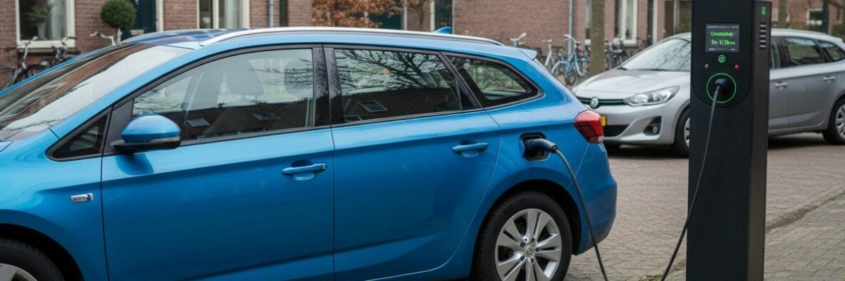 Hybride en plug-in hybride auto naast elkaar, waarvan één aan een laadpaal oplaadt