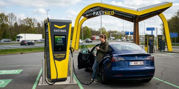 Vrouw staat te wachten tot de auto klaar is met opladen