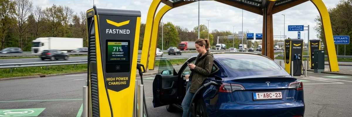 Vrouw staat te wachten tot de auto klaar is met opladen