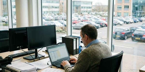 Administratief medewerker werkt aan de administratie