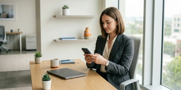 Vrouw gebruikt telefoon op kantoor