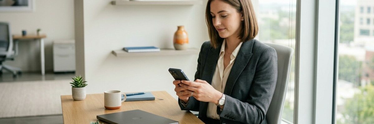 Vrouw gebruikt telefoon op kantoor