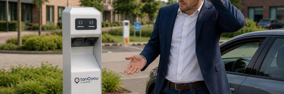 Man kijkt verward naar een TanQyou laadpaal