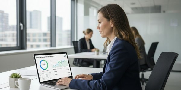 Financieel manager bekijkt digitaal dashboard voor rittenregistratie verwerken in je boekhouding op laptop in moderne kantooromgeving