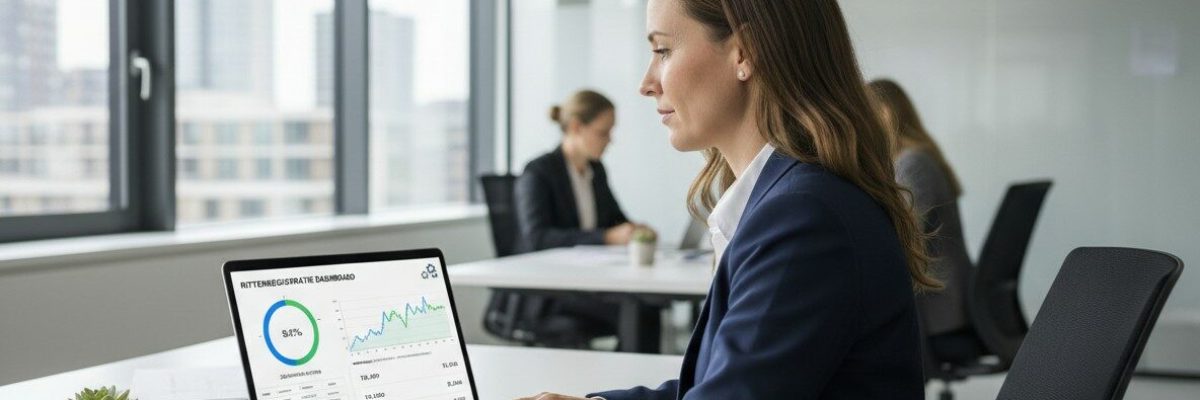 Financieel manager bekijkt digitaal dashboard voor rittenregistratie verwerken in je boekhouding op laptop in moderne kantooromgeving