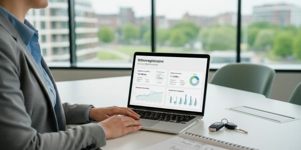 Zakelijke medewerker bekijkt digitaal dashboard met rittenregistratie en kostenoverzicht op laptop in moderne kantooromgeving.