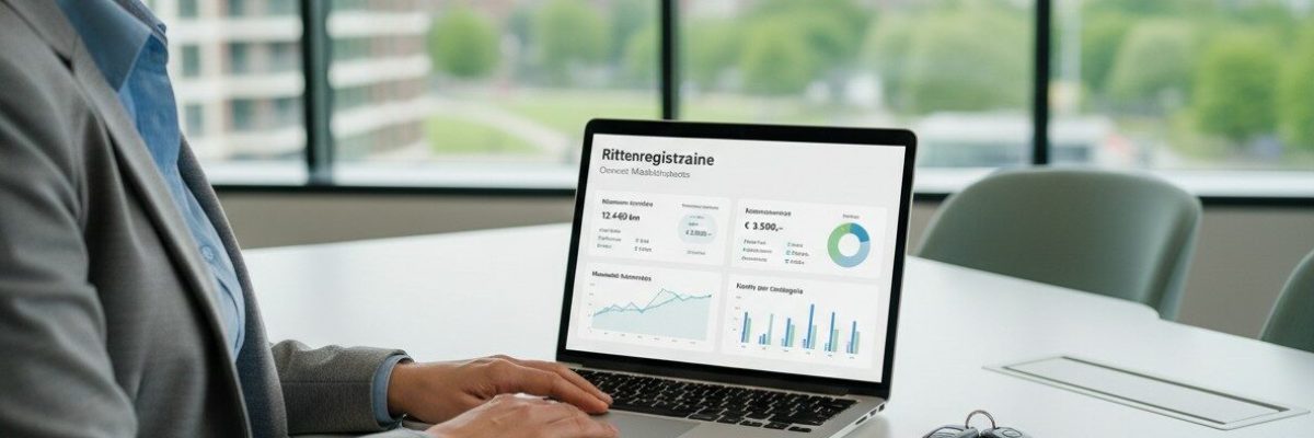 Zakelijke medewerker bekijkt digitaal dashboard met rittenregistratie en kostenoverzicht op laptop in moderne kantooromgeving.