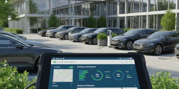 Overzicht van een duurzaam wagenpark met elektrische bedrijfsauto’s aan laadpalen en realtime fleetmanagement dashboard.