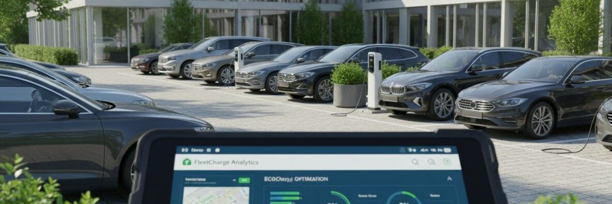 Overzicht van een duurzaam wagenpark met elektrische bedrijfsauto’s aan laadpalen en realtime fleetmanagement dashboard.