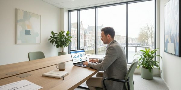 Financieel manager bekijkt mobiliteitskosten en belastingoverzicht op laptop in kantooromgeving vanwege nieuwe fiscale regels in 2027.