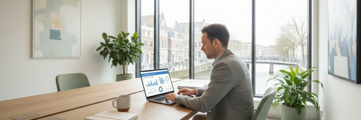 Financieel manager bekijkt mobiliteitskosten en belastingoverzicht op laptop in kantooromgeving vanwege nieuwe fiscale regels in 2027.