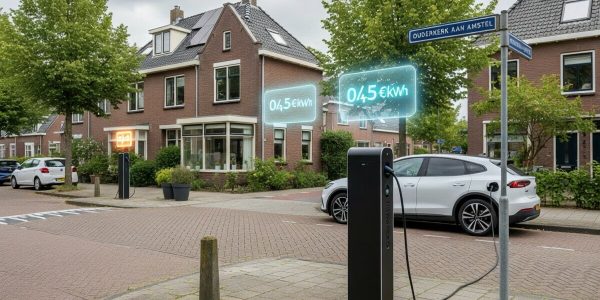 Elektrische auto laadt aan een openbare laadpaal in een Nederlandse woonwijk, met meerdere laadpunten en visuele prijsverschillen per kWh die de uiteenlopende gemeentelijke tarieven illustreren.