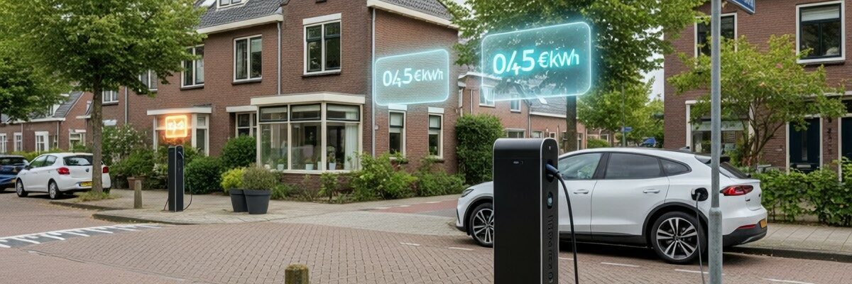 Elektrische auto laadt aan een openbare laadpaal in een Nederlandse woonwijk, met meerdere laadpunten en visuele prijsverschillen per kWh die de uiteenlopende gemeentelijke tarieven illustreren.