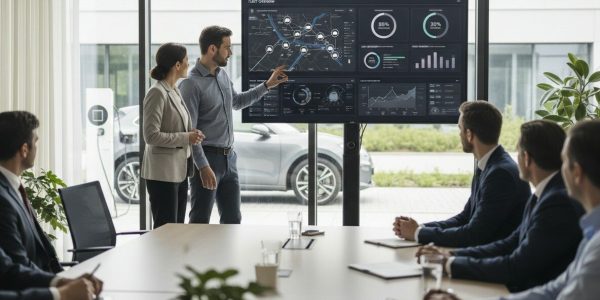 Zakelijke meeting waarin mobiliteitsdata en CO2-reductie van een wagenpark worden geanalyseerd, met een elektrische auto die buiten wordt opgeladen.