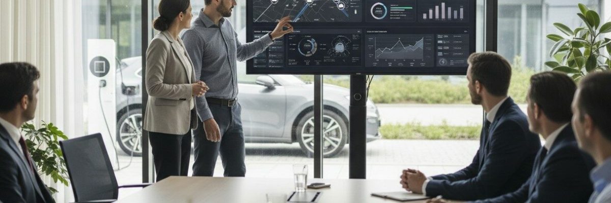 Zakelijke meeting waarin mobiliteitsdata en CO2-reductie van een wagenpark worden geanalyseerd, met een elektrische auto die buiten wordt opgeladen.