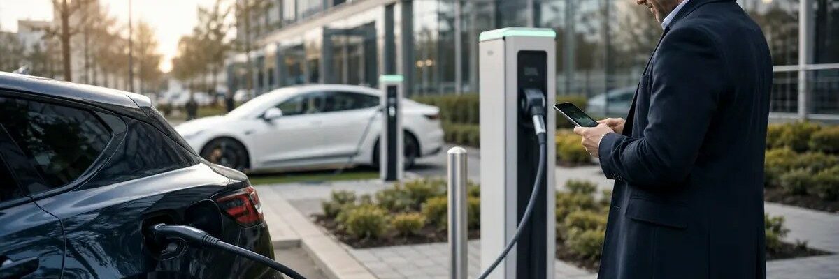 Man staat naast laadpaal met telefoon