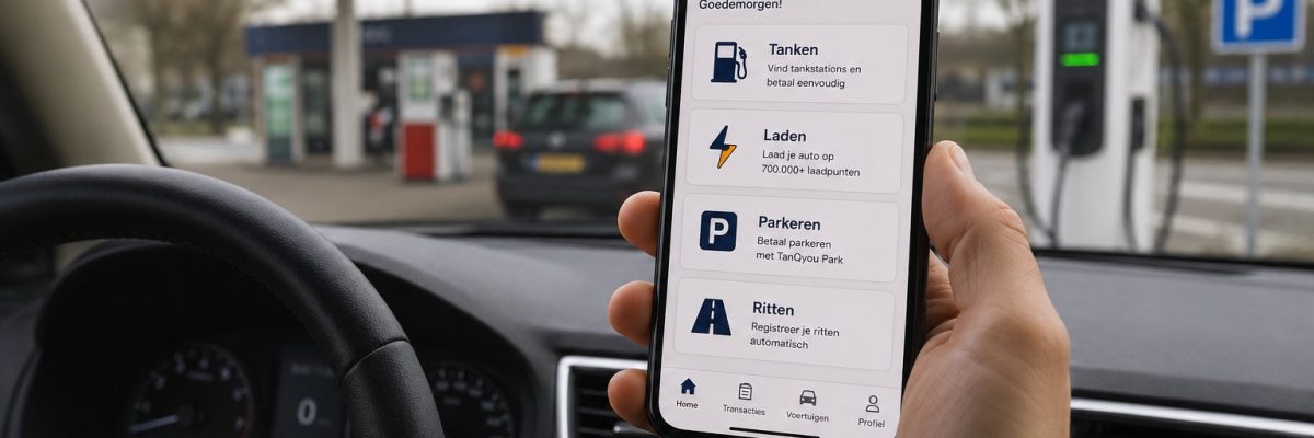 App op telefoon met TanQyou tankstation op de achtergrond