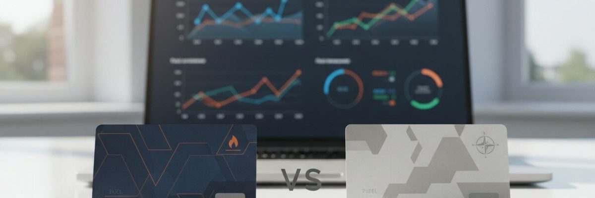 Vergelijking tussen twee zakelijke tankpassen met kostenoverzicht en dashboardanalyse in het artikel TanQyou vs MKB Brandstof.